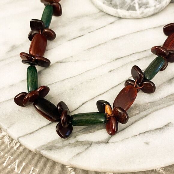 Vintage 1970s Wood Bead Necklace Brown Green Retro Boho Hippie Natural - Picture 2 of 5